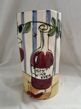 Vintage Julia Junkin Ceramic Hand Painted Wine Chiller Utensil Holder Vase